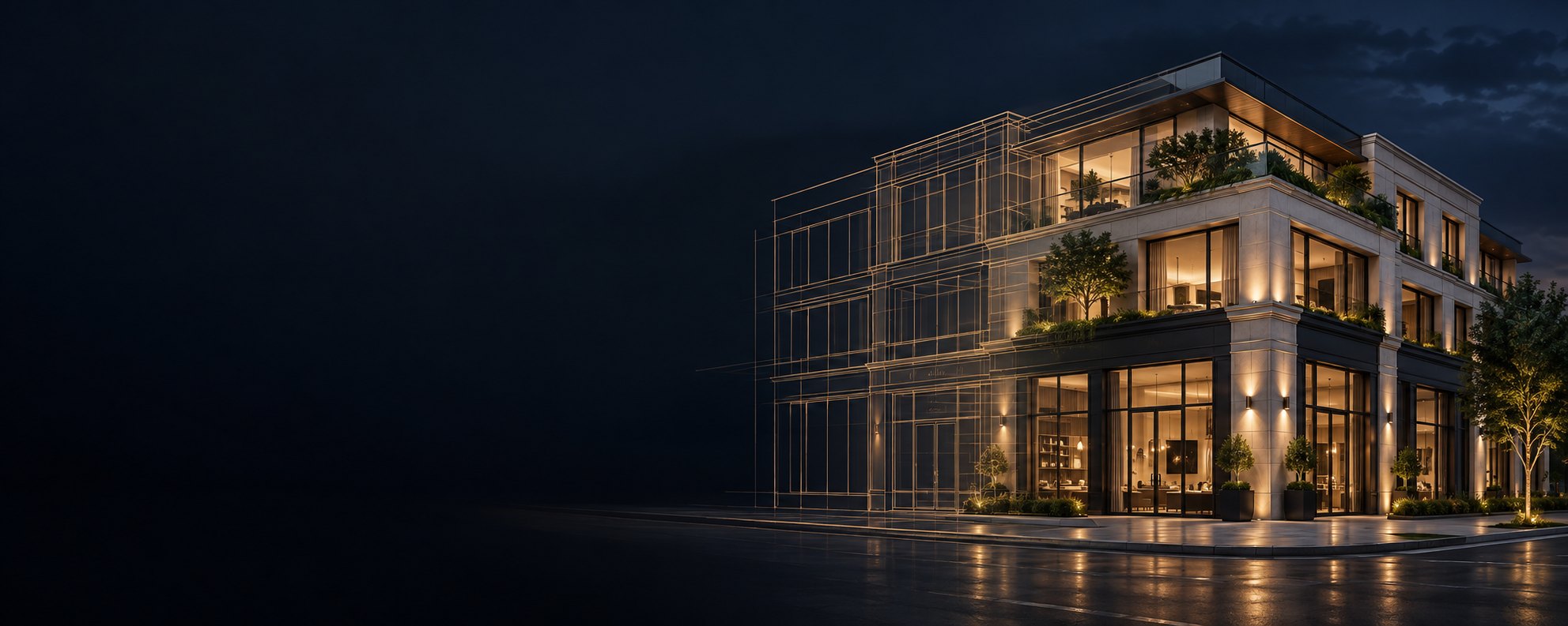Modern stone building at night traced with fine gold architectural lines